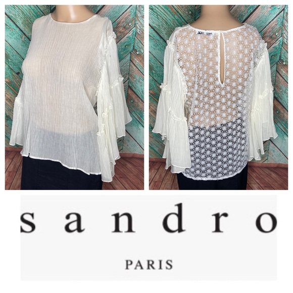 Sandro Dance Flowy Boho Lace Back Sheer Blouse In Ecru - Picture 1 of 9
